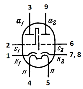 Схема соединения электродов лампы 6Н14П