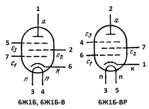 Схема соединения электродов ламп 6Ж1Б, 6Ж1Б-В, 6Ж1Б-ВР