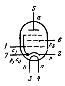 Схема соединения электродов лампы 6К1П
