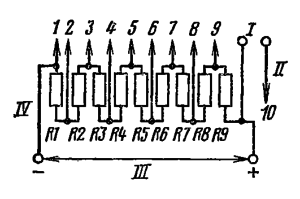 Типовая схема делителя напряжения ФЭУ-20. Делитель напряжения - равномерный. Сопротивление звена делителя R≤0,3 МОм. I – к нагрузке; II – к аноду; III – к источнику питания; IV – к фотокатоду.