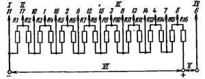 Типовая схема делителя ФЭУ-58. Делитель напряжения неравномерный: R1 = 1/3 R; R2=2/3 R; R3-R16 = R. I – к фотокатоду; II – к модулятору; III - к динодам; IV – к аноду; V – к нагрузке; VI – к источнику питания. 