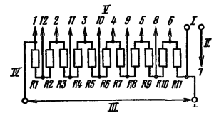 Типовая схема делителя ФЭУ-68. Делитель напряжения неравномерный: R2 = 0,7R; R1 = R3 = …R11 = R ≤0.3 МОм. I – к нагрузке; II – к аноду; III - к источнику питания; IV – к катоду; V – к динодам.