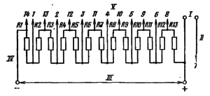 Типовая схема делителя ФЭУ-79. Делитель напряжения - равномерный. Сопротивление звена делителя R ≤0,2 МОм. . I – к нагрузке; II – к аноду; III - к источнику питания; IV – к фотокатоду; V – к динодам.