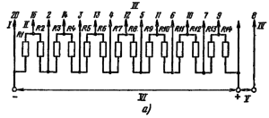 Типовая схема делителя ФЭУ-110 для работы в статическом режиме. Делитель напряжения - неравномерный: R2 = 0,8; R3 = 1,2 R; R14 = 0,5 R; R3 = … = R13 = R. Емкости конденсаторов: С1 = 0,01 мкФ; С2 = 0,025 мкФ; С3 = 0,05 мкФ. I – к фотокатоду; II – к модулятору; III - к динодам; IV – к аноду; V – к нагрузке; VI – к источнику питания.