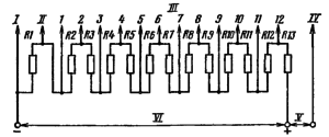 Типовая схема делителя напряжения ФЭУ-96. Делитель напряжения - неравномерный: R1 = 2R; R13 = 0,5R; R2-R12 = R. . I – к фотокатоду; II – к модулятору; III - к динодам; IV – к аноду; V – к нагрузке; VI – к источнику питания.