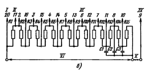 Типовая схема делителя напряжения ФЭУ-97 для работы в импульсном режиме. Делитель напряжения - неравномерный: R1 = 0,7 R; R2 = 0,8 R; R3 = 0,9 R; R12 = 1,3 R; R13 = 2R; R14 = 4R; R15 = (4-7) R; R4-R11 = R. Емкости конденсаторов: С1 = 0,01 мкФ; С2 = 0,025 мкФ; С3 = 0,05 мкФ. I – к фотокатоду; II – к модулятору; III – к динодам; IV – к аноду; V – к нагрузке; VI – к источнику питания.