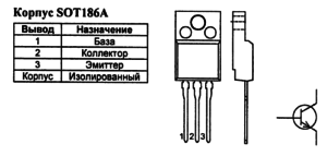 Корпус транзистора BUT11APX-1200 и его обозначение на схеме