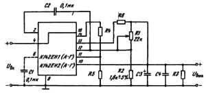 Основные схемы включения К142ЕН1(А — Г), К142ЕН2(А — Г) с внутренней защитой от коротких замыканий: R4 = 0,7 В / 0,35 м А « 2 кО м ; R5 = ( t/вых + 0,5 В) / 0,3 мА, кОм (делитель базы транзистора защиты); R6 = 0,5 В / /пор, Ом (резистор защиты); /пор — значение /Вых при включении транзистора защиты (при / вых//вых тах«2,2)