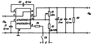 Схемы выключения К142ЕН1(А — Г), К142ЕН2(А — Г) внешним сигналом. R4 выбирается из условия протекания в цепи выключения тока не более 3 мА. Минимальный ток, необходимый для срабатывания схемы, 0,5 мА; SA — ключ для подключения внешнего сигнала