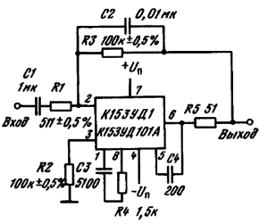 Схема дифференциатора на ИМС К153УД1, К153УД101А. Постоянная времени определяется элементами R1 и С1