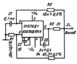 Схема генератора прямоугольных импульсов на ИМС К153УД1, К153УД101А. Период генерации определяется элементами R 1, R2, R4 и С1