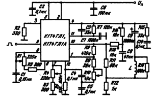 Схема включения ИМС К174ГЛ1, К174ГЛ1А для видеомонитора. Сопротивление резистора R7 определяется типом кинескопа и влияет на линейность по вертикали