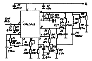 Схема включения ИМС К174ГЛ1, К174ГЛ1А видеомонитора с малым урбвнем шума. Сопротивление резистора R6 определяемся типом кинескопа и влияет на линейность по вертикали; R15L = 4,5 Ом (отклоняющая система)