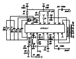Типовая схема вклЯочения ИМС К174ХА1 в качеству синхронного демодулятора цветовой цоднесущей телевизоров. Добротность контура L /C / Q = 50