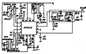 Типовая схема включения ИМС KI74XA2 в качестве усилителей ВЧ и ПЧ с АРУ радиоприемников. Коэффициенты трансформации: L 2— 0,125; L4 — 1, L 6 ^-0 ,1 2 6 BQ— пьезофильтр, настроенный на про* межуточную частоту приемника
