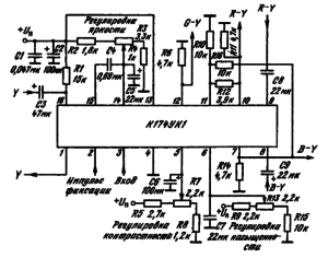 Типовая схема включения ИМС К174УК1 в качестве регулятора яркости, контрастности, насыщенности телевизоров