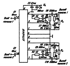 Типовая схема включения ИМС К174УН15 в качестве двухканального усилителя мощности. Корректирующие цепочки R1C5, R2C6 вводятся при необходимости для устранения возбуждения