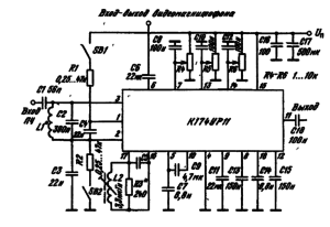 Типовая схема включения ИМС К174УР11 в качестве УПР каналов звука с электронной регулировкой тембра: L2 — 3,3 мкГн, сердечник МР-2СБ-126