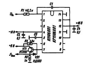 Схема включения Микросхем К1108ПП1 и КРП08ПП1 в режиме «преобразования положительного напряжения {0... 10 В) в частоту в диапазоне (0... 10 кГц)