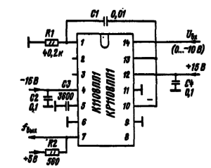Схема включения микроехем К1108ПП1 и КР1108ПП1 в режиме преобразования отрицательного напряжения (0 ... —10 В) в частоту в диапазоне (0 ... 10 кГц)
