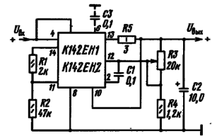 Схема включения К142Ен1 и К142ЕН2 с использованием внутренней схемы защиты от коротких замыканий в цепи нагрузки (R1, R2 - делитель в цепи базы транзистора защиты; R5 - резистор-датчик схемы защиты; R1 = 2 кОм, R2 = (Uвых + 0,5 В)/0,3 мА, кОм; R5 = 0,5 В/Iпор, А, Ом).