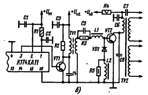 Схема включения микросхемы К174ХА11 с транзисторным выходным каскадом генератора строчной развертки