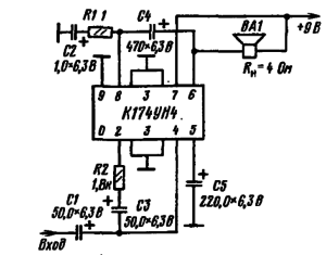Типовая схема включения микросхема К174УН4. Регулировка резистора R2 в пределах 240 Ом...2,7 кОм изменяют чувствительность в 