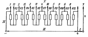 Типовая схема делителя напряжения ФЭУ -28. Делитель напряжение -неравномерный: R1 = 0,4; R2 = 1,6 R; R3-R12 = R = ≤ 0,3 МОм. I – к нагрузке; II – к аноду; III – к источнику питания; IV – к фотокатоду; V – к динодам