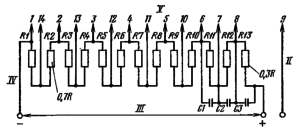 Типовая схема делителя напряжения ФЭУ-102. Делитель напряжения - неравномерный: R2 = 0,7 R; R13 = 0,3 R; R1 = R3 =…R12 = R ≤ 1 МОм. Число конденсаторов и величина их емкостей выбираются в зависимости от параметров импульса анодного тока. I – к нагрузке; II – к аноду; III – к источнику питания; IV – к катоду; V – к динодам.
