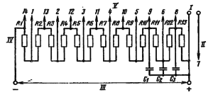 Типовая схема делителя напряжения ФЭУ-106. Делитель напряжения - равномерный. Сопротивление звена делителя R ≤ 0,3 МОм. Число конденсаторов и их емкости выбираются в зависимости от параметров импульса анодного тока. I – к нагрузке; II – к аноду; III – к источнику питания; IV – к фотокатоду; V – к динодам.