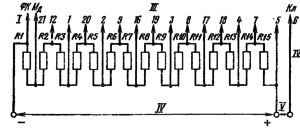Типовая схема делителя напряжения ФЭУ-112. Делитель напряжения - равномерный. Сопротивления звена делителя R. . I – к катоду; II – к модулятору; III - к динодам; IV – к аноду; V – к нагрузке; VI – к источнику питания.