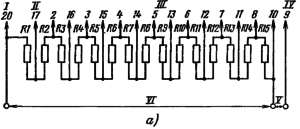 Типовая схема делителя напряжения ФЭУ-97 для работы в статическом режиме. Делитель напряжения - неравномерный: R1 = 0,5; R2 = 1,5 R; R3-R15 = R. Емкости конденсаторов: С1 = 0,01 мкФ; С2 = 0,025 мкФ; С3 = 0,05 мкФ. I – к фотокатоду; II – к модулятору; III – к динодам; IV – к аноду; V – к нагрузке; VI – к источнику питания.