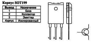 Корпус транзистора BU2527AF и его обозначение на схеме