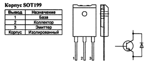 Корпус транзистора BU508DF и его обозначение на схеме