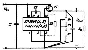 Схема включения ИМС К142ЕНЗ(А, Б) и К142ЕН4(А, Б) с внешним транзистором для увеличения выходного тока