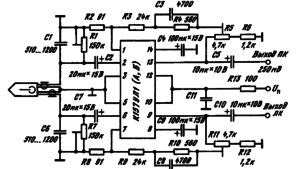 Схема усилителя воспроизведения кассетного стереофонического магнитофона на ИМС К157УЛ1 (А, Б)