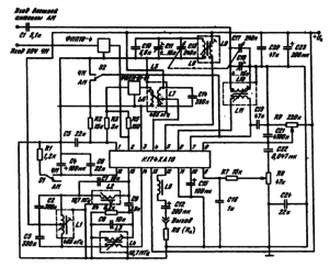 Типовая схема включения ИМС К174ХА10 в качестве AM— ЧМ приемного тракта радиоприемников