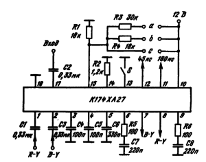 Типовая схема включения ИМС К174ХА27 в качестве корректора сигна лов цветности телевизоров