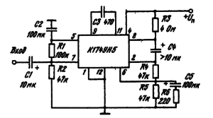 Типовая схема включения ИМС К174УН5 в качестве усилителя мощности