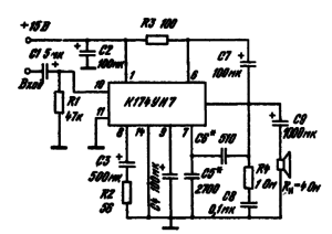 Типовая схема включения ИМС К174УН7 в качестве усилителя мощности. При нагрузках 8 или 16 Ом емкость конденсатора должна быть 500 или 100...200 мкФ соответственно