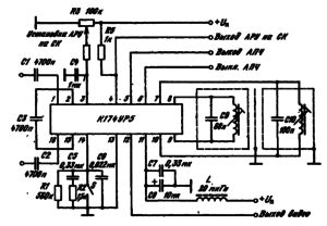 Типовая схема включения ИМС К174УР5 в качестве УПЧ изображения; /вх = 38 МГц, <?>50