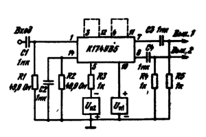 Типовая схема включения ИМС К174УВ5 в качестве усилителя считывания сигналов магнитных дисков накопителей