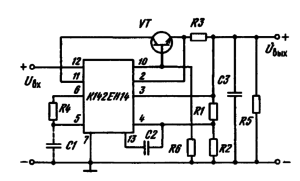 Схема включения ИМС КР142ЕН14 на повышенную мощность (с п-р-п транзистором) Выводы 11 и 12 ИМС должны быть соединены