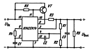 Схема включения ИМС КР142ЕН14 на повышенную мощность (с р-п-р транзистором) Выводы 9 и 10 ИМС должны быть соединены