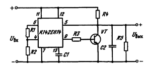 Схема включения ИМС К142ЕН14 в качестве параллельного стабилизатора напряжения