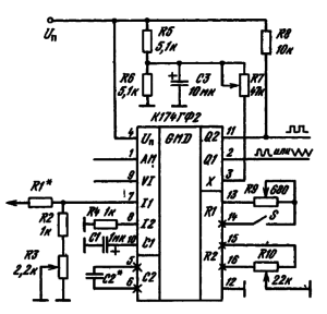Типовая схема включения ИМС К174ГФ2, ИМС К174ГФ2, КБ 174ГФ2-4 КБ174ГФ2 в качестве генератора сигналов специ- ( ”4"Г’ — неинвертирующий альной формы. Сопротивление резистора R1 выбирается в зависимости от требуемой крутизны преобразования напряжения э частоту при условии, что ток по выводу / 1 м кА < /7< 3 мА. В данном диапазоне управляющего тока частота генерации имеет линейную зависимость. Сопротивления резисторов R3, R4 и конденсатора С2 выбираются в зависимости от требуемой частоты генерации