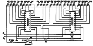 Схема каскадного соединения двух микросхем К1003ПП1 для увеличения разрядности светодиодной шкалы