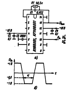 Схема включения микросхем К1108ПП1 и КР1108ПП1 в режиме преобразования частоты в напряжение (а) и эпюры входного напряжения (б):