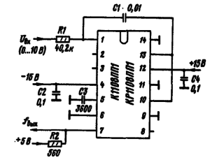 Схема включения микросхем К1108ПШ и КР1108ПП1 в режиме преобразования напряжения в частоту в диапазоне 100 и 500 кГц