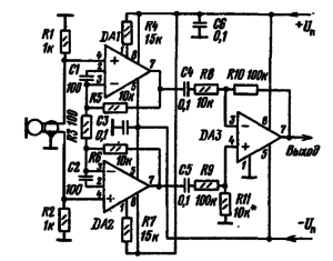 Принципиальная схема бестрансформаторного микрофонного усилителя на микросхемах К1407УД1, КР1407УД1